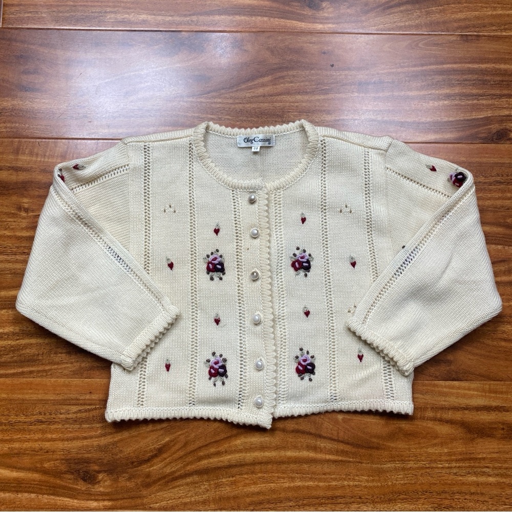 Vintage Oleg Cassini Toddler Girl Cream Embroidered Floral Knit Cardigan Size 5